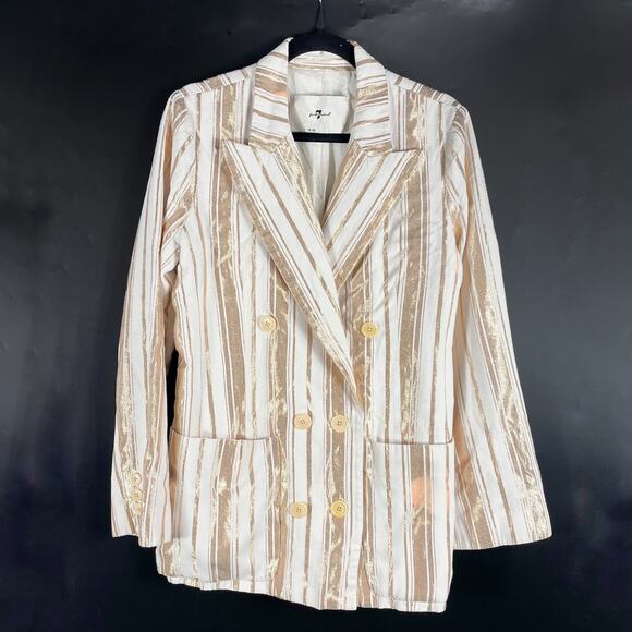 7 for All Mankind Shine Blazer Ivory Gold Stripe Button Front Double Breast Sz L - Picture 6 of 16